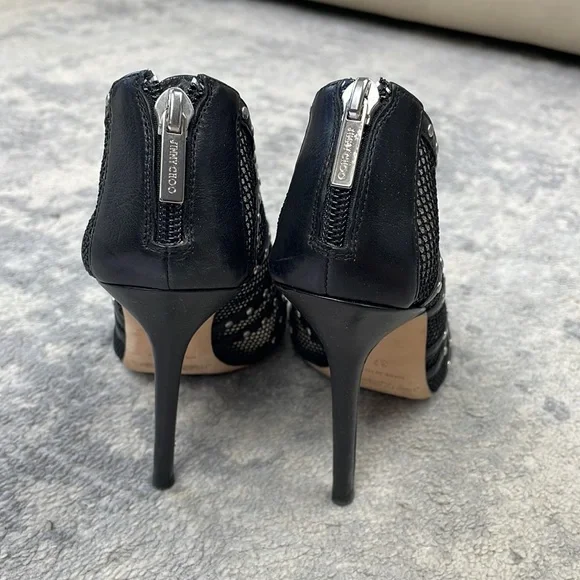 SOLD Jimmy Choo Karina Black Fishnet Studded Calf Leather Cage Heels with Box 37 - Picture 7 of 16